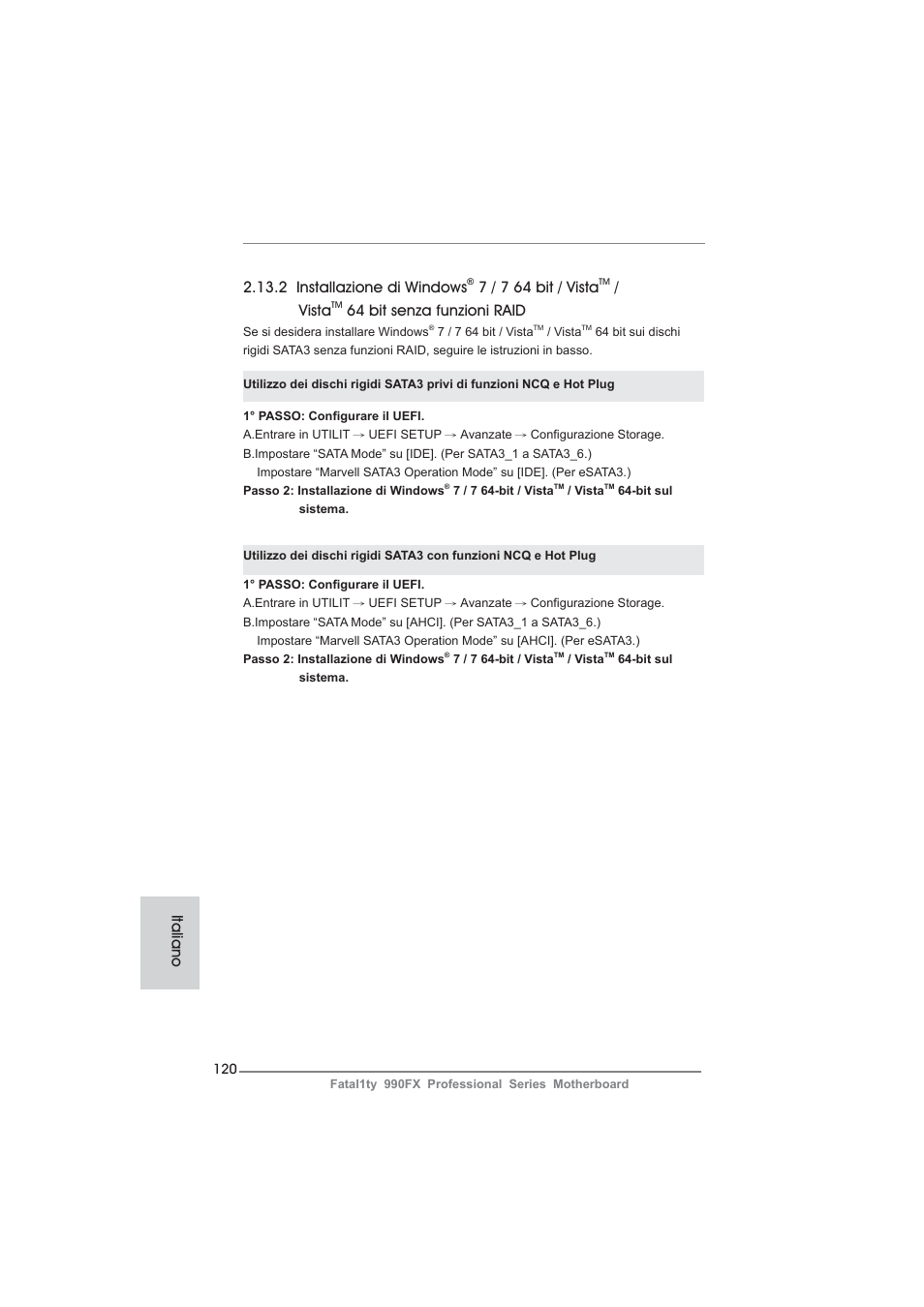 2 installazione di windows, 7 / 7 64 bit / vista, Vista | 64 bit senza funzioni raid, Italiano | ASRock Fatal1ty 990FX Professional User Manual | Page 120 / 287