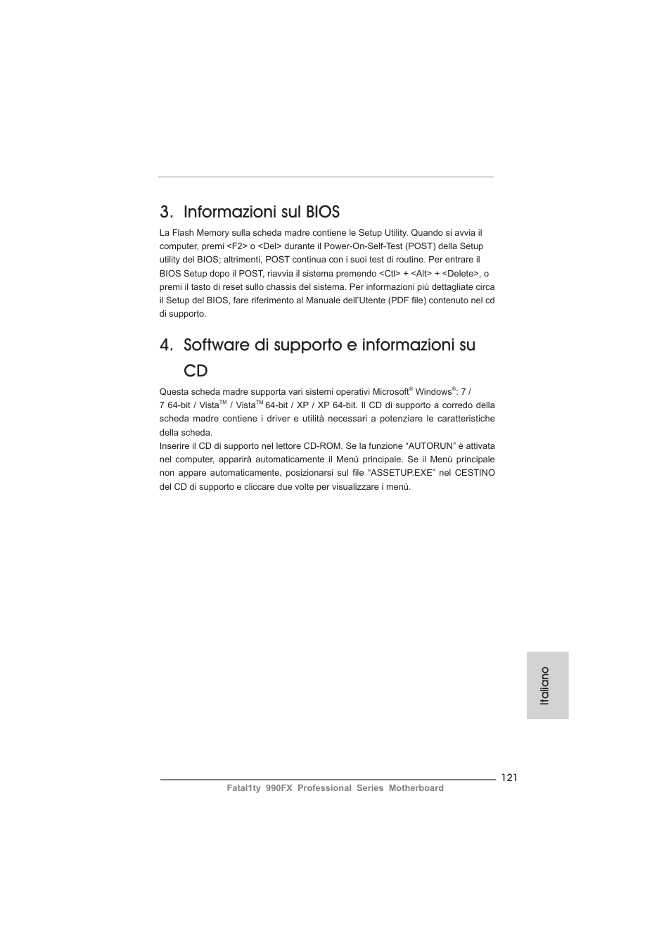 Informazioni sul bios, Software di supporto e informazioni su cd | ASRock Fatal1ty 990FX Professional User Manual | Page 121 / 287