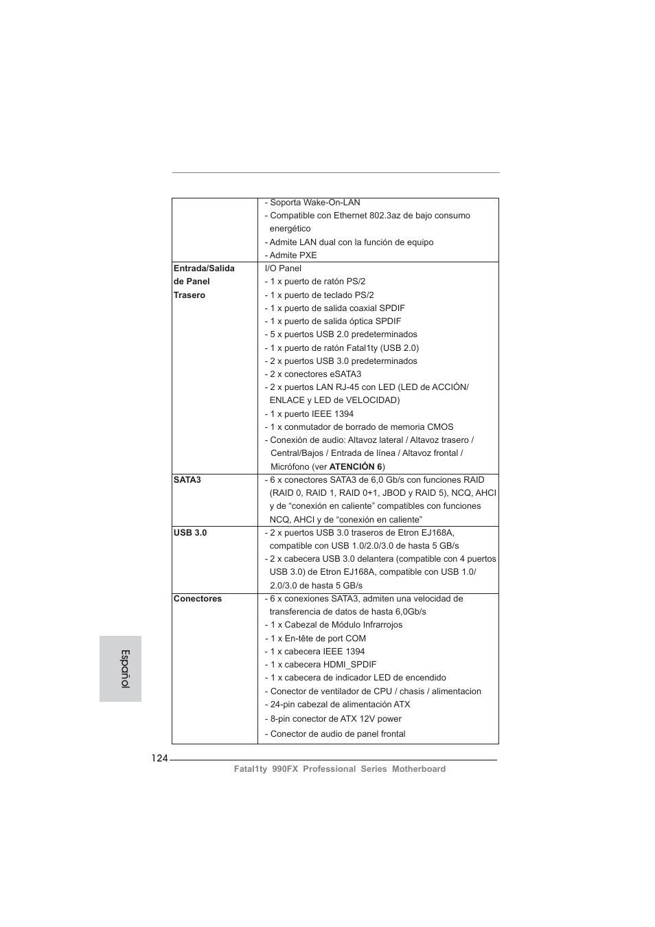 Español | ASRock Fatal1ty 990FX Professional User Manual | Page 124 / 287