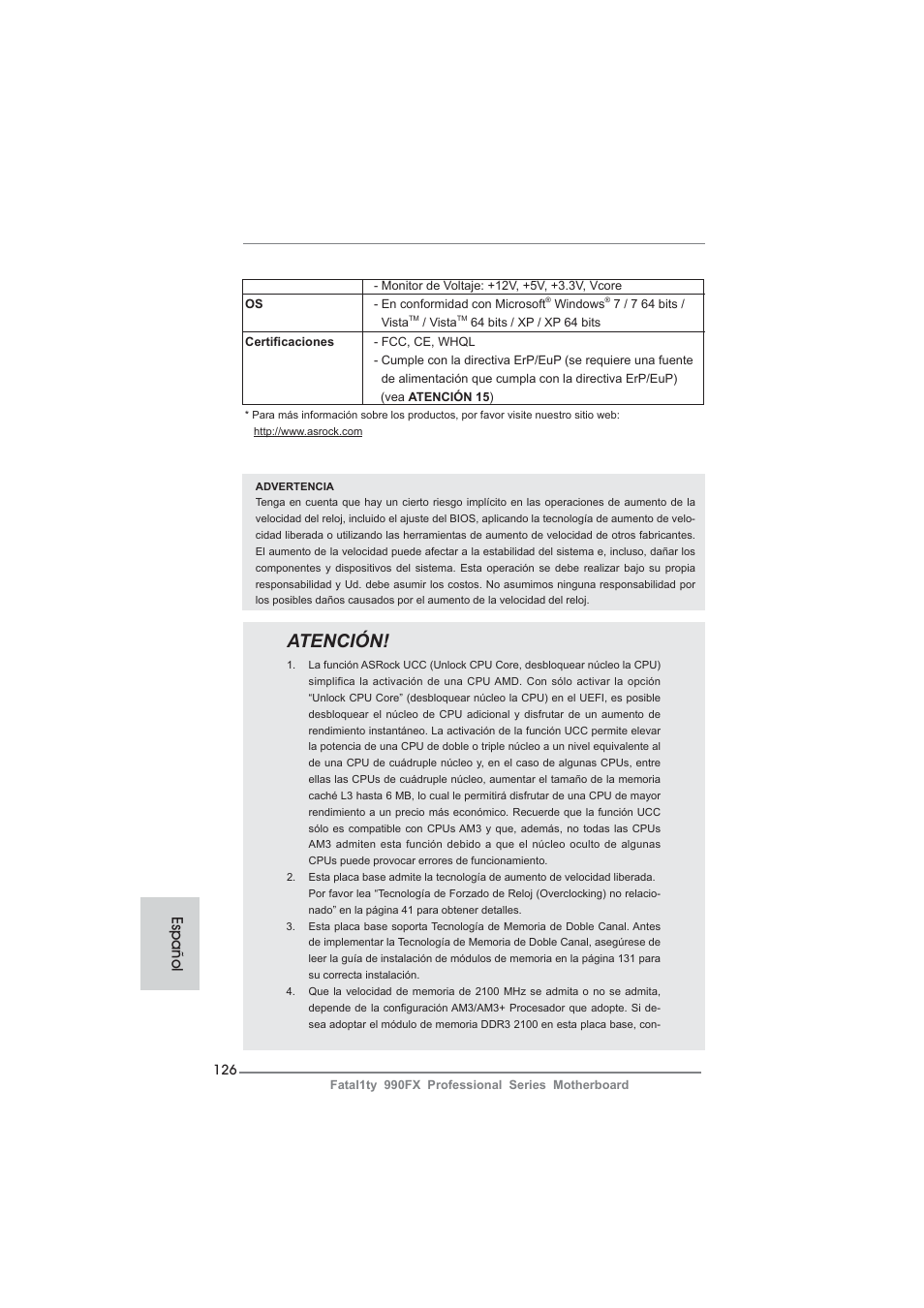 Atención, Español | ASRock Fatal1ty 990FX Professional User Manual | Page 126 / 287