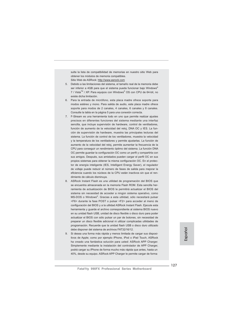 Español | ASRock Fatal1ty 990FX Professional User Manual | Page 127 / 287