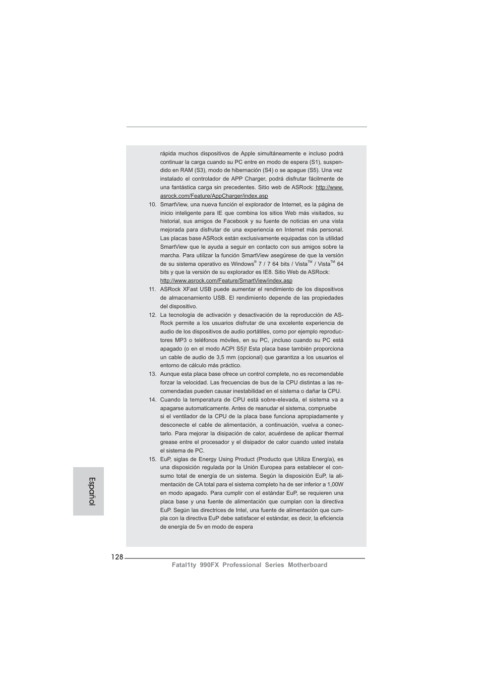 Español | ASRock Fatal1ty 990FX Professional User Manual | Page 128 / 287