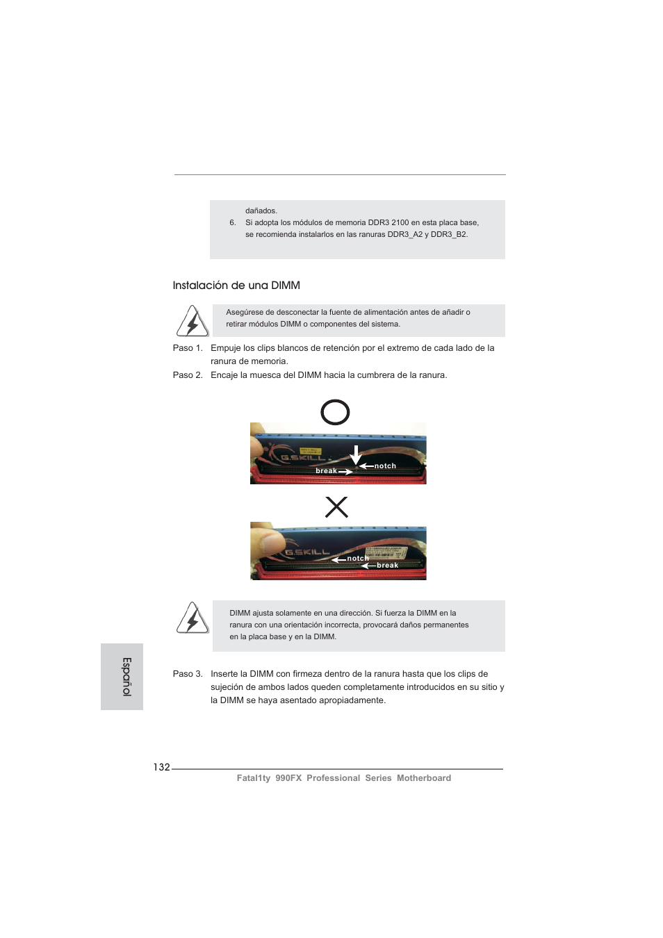 Instalación de una dimm, Español | ASRock Fatal1ty 990FX Professional User Manual | Page 132 / 287