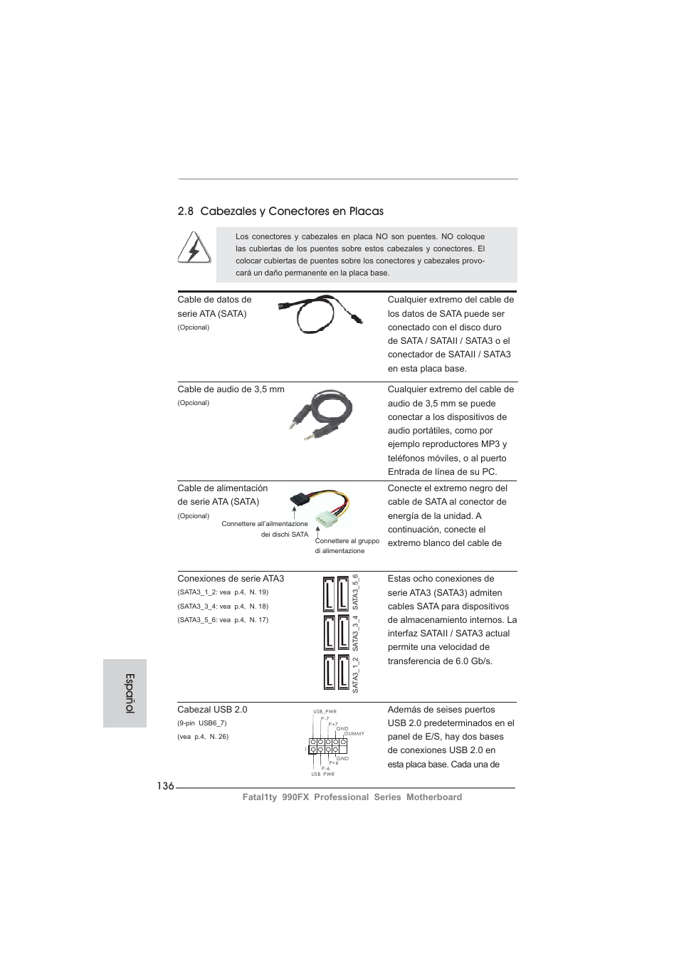 8 cabezales y conectores en placas, Español | ASRock Fatal1ty 990FX Professional User Manual | Page 136 / 287