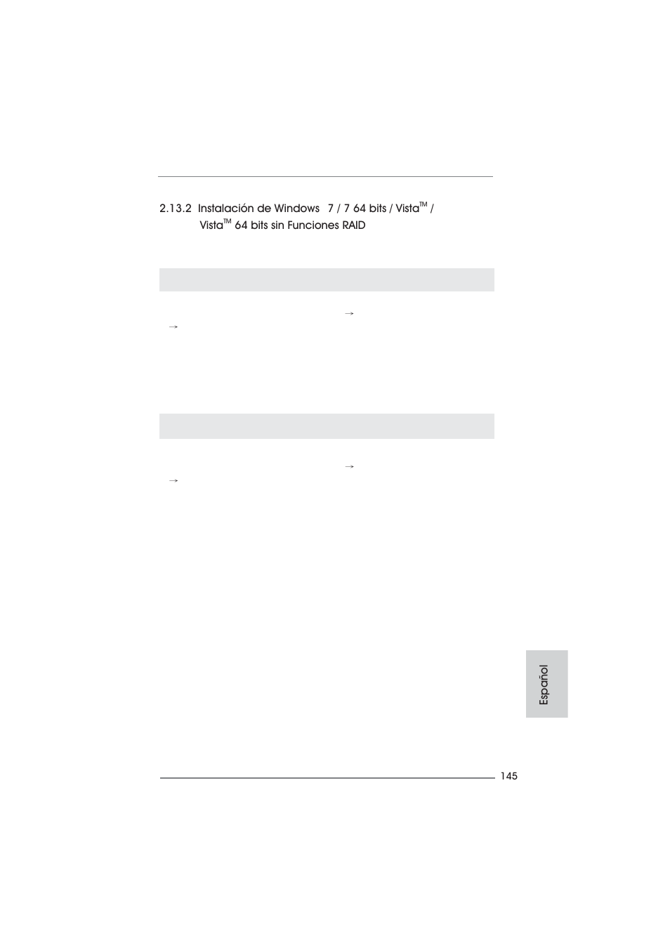 2 instalación de windows, 7 / 7 64 bits / vista, Vista | 64 bits sin funciones raid, Español | ASRock Fatal1ty 990FX Professional User Manual | Page 145 / 287