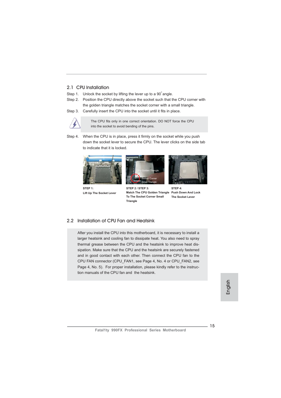 1 cpu installation, 2 installation of cpu fan and heatsink, English | ASRock Fatal1ty 990FX Professional User Manual | Page 15 / 287