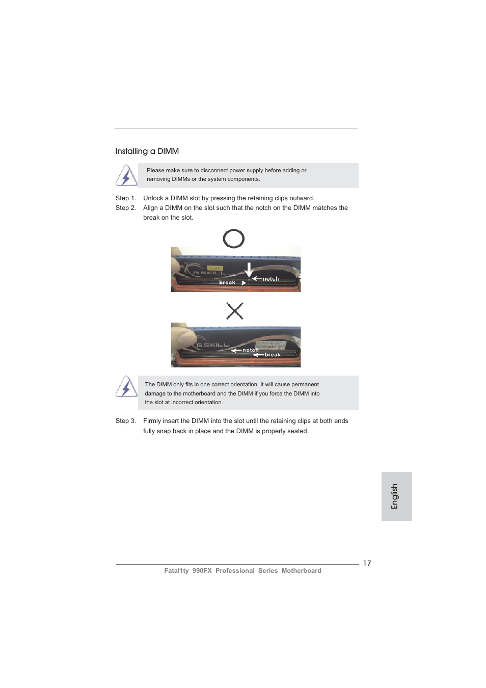 Installing a dimm, English | ASRock Fatal1ty 990FX Professional User Manual | Page 17 / 287
