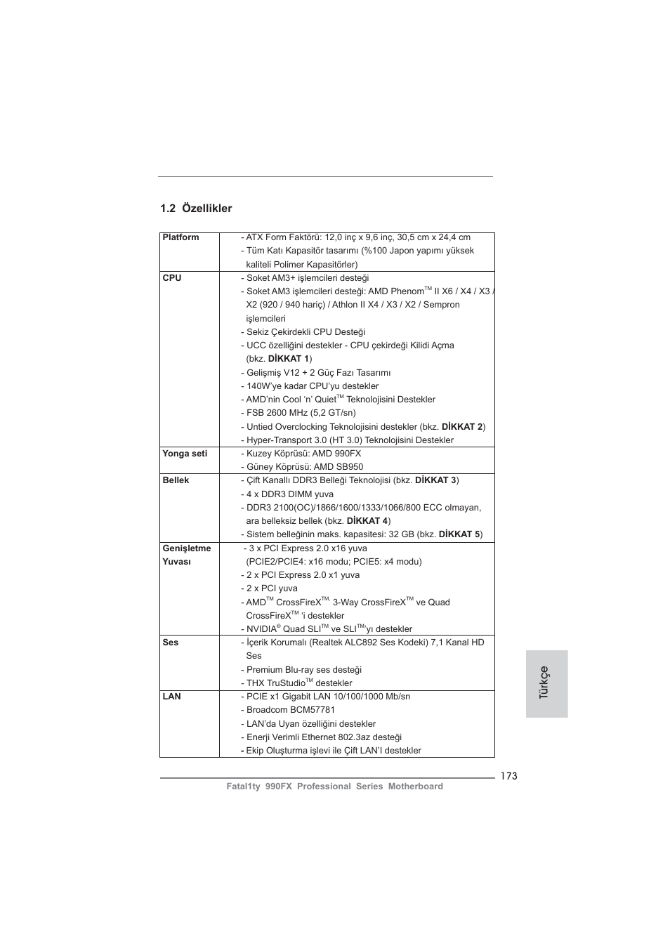 Türkçe 1.2 özellikler | ASRock Fatal1ty 990FX Professional User Manual | Page 173 / 287