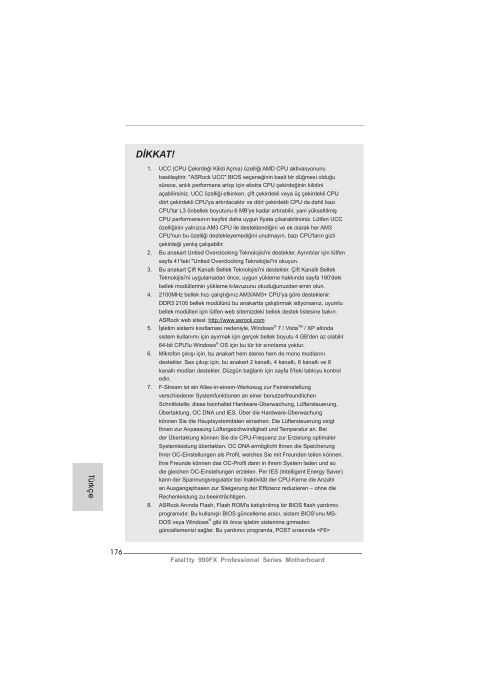 Dikkat, Türkçe | ASRock Fatal1ty 990FX Professional User Manual | Page 176 / 287
