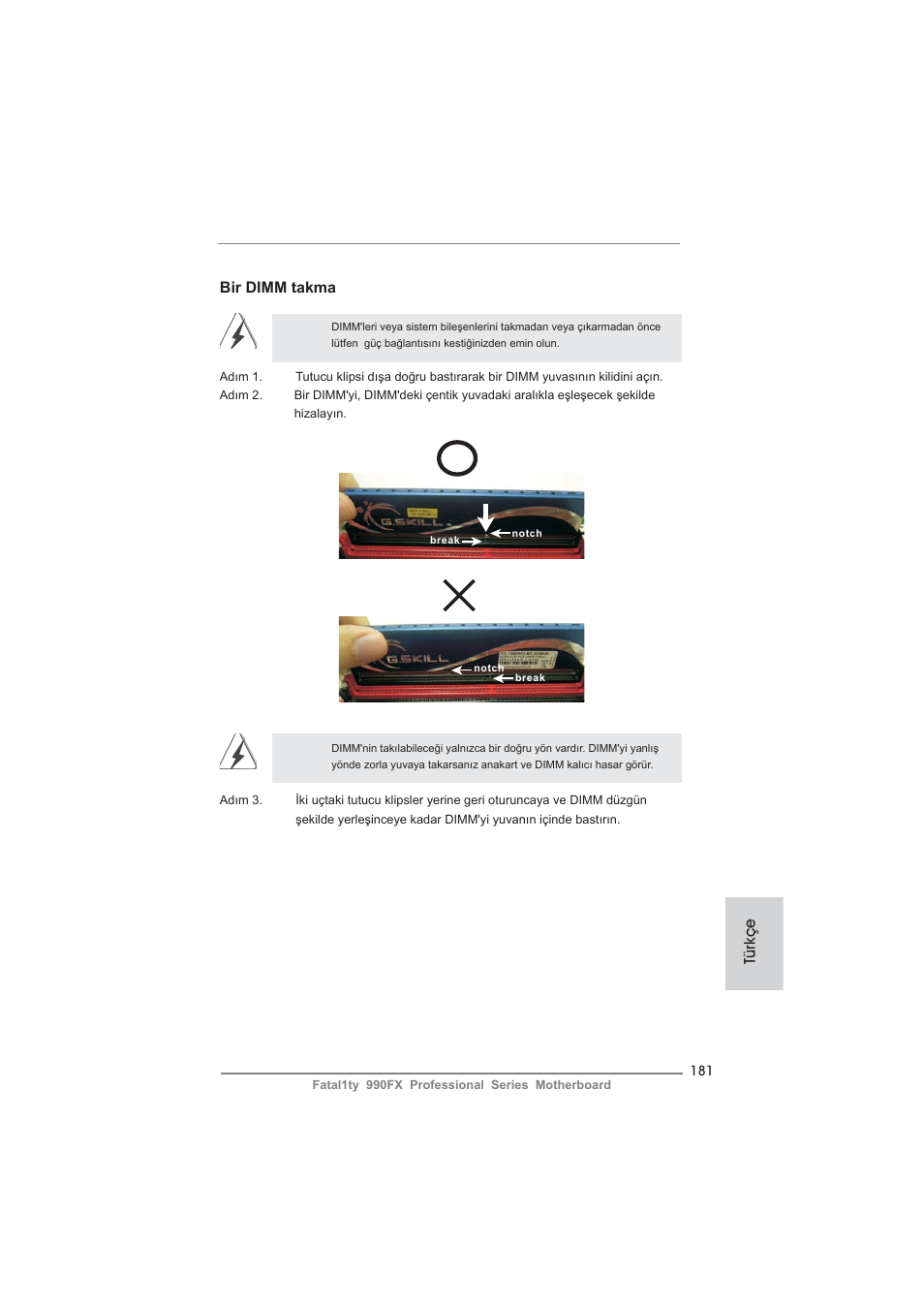 Bir dimm takma, Türkçe | ASRock Fatal1ty 990FX Professional User Manual | Page 181 / 287