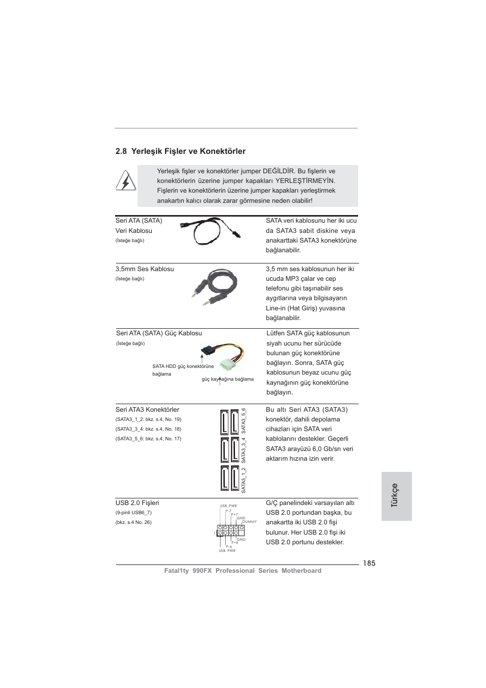 8 yerleşik fişler ve konektörler, Türkçe | ASRock Fatal1ty 990FX Professional User Manual | Page 185 / 287