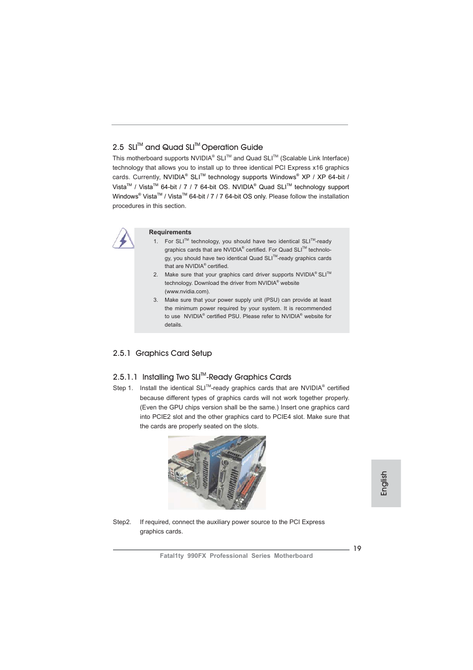 5 sli, And quad sli, Operation guide | Ready graphics cards, English | ASRock Fatal1ty 990FX Professional User Manual | Page 19 / 287
