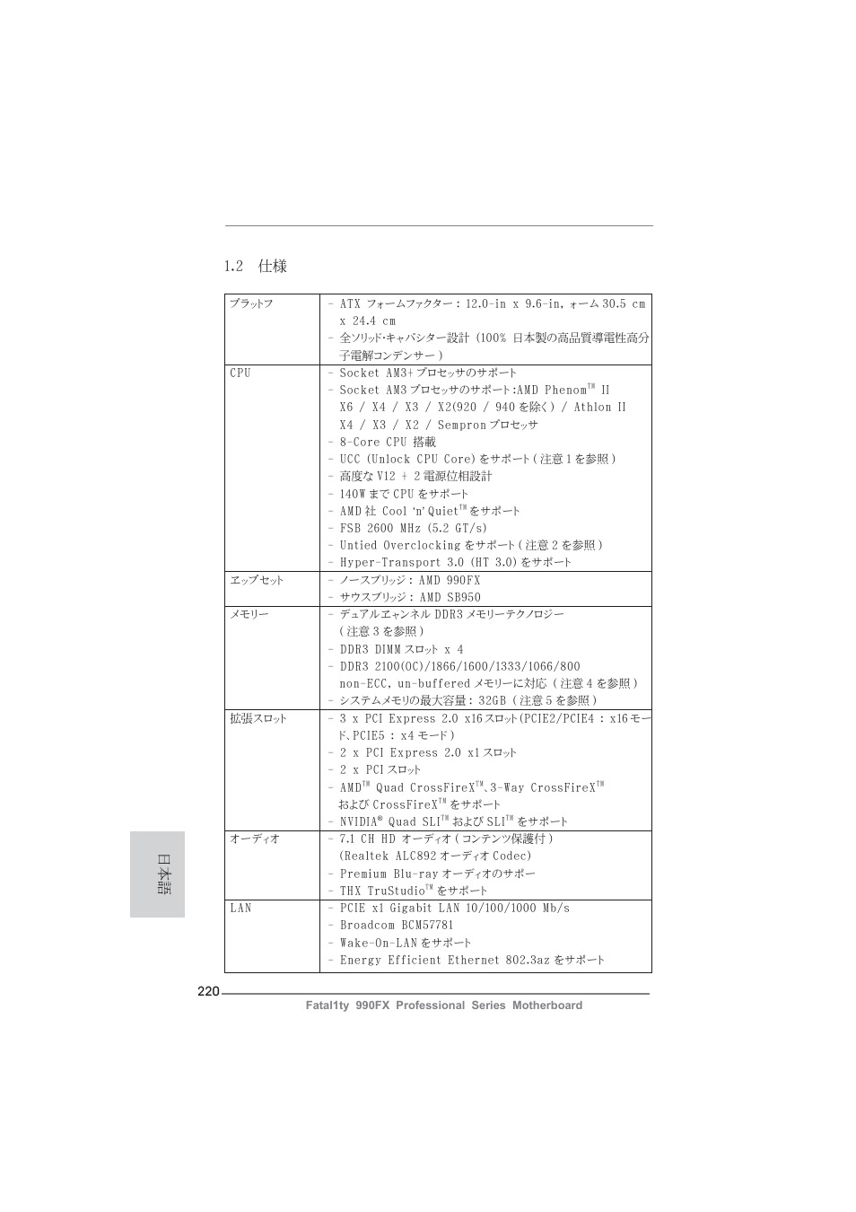 2 仕様 | ASRock Fatal1ty 990FX Professional User Manual | Page 220 / 287