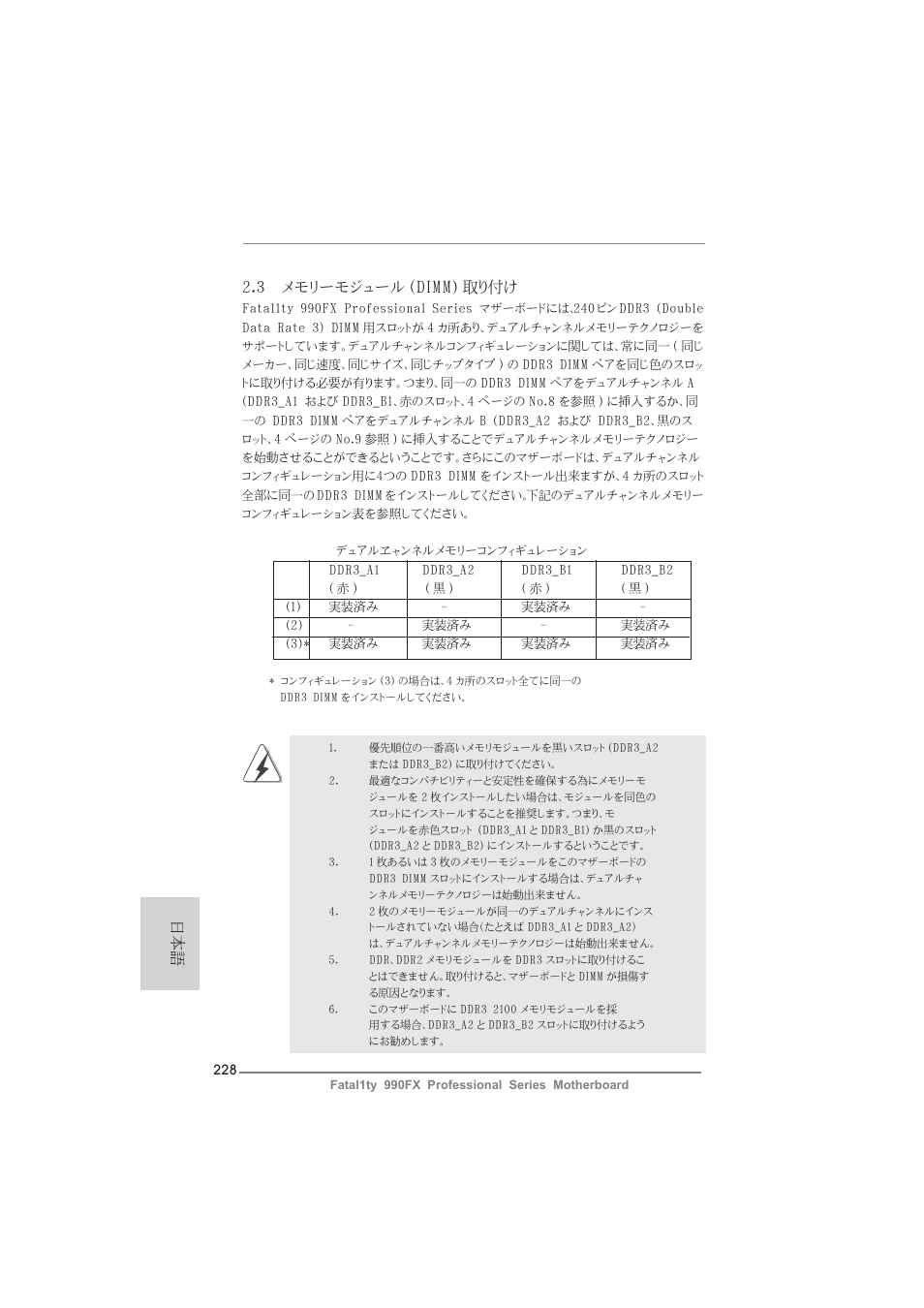 3 メモリーモジュール (dimm) 取り付け | ASRock Fatal1ty 990FX Professional User Manual | Page 228 / 287