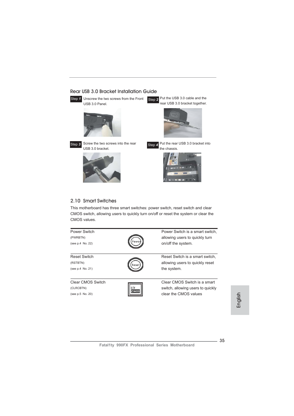 English 2.10 smart switches, Rear usb 3.0 bracket installation guide | ASRock Fatal1ty 990FX Professional User Manual | Page 35 / 287