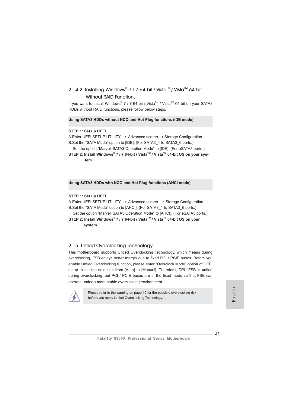 15 untied overclocking technology, 2 installing windows, 7 / 7 64-bit / vista | Vista, Bit without raid functions, English | ASRock Fatal1ty 990FX Professional User Manual | Page 41 / 287