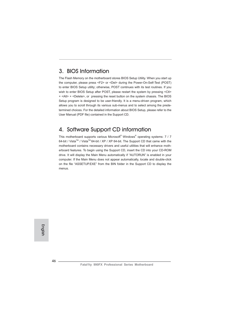 Bios information, Software support cd information, English | ASRock Fatal1ty 990FX Professional User Manual | Page 46 / 287
