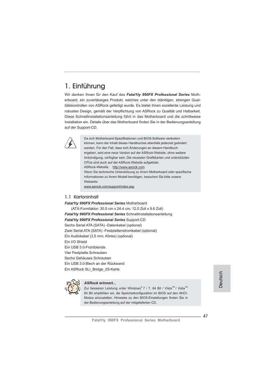 German, Einführung, 1 kartoninhalt | Deutsch | ASRock Fatal1ty 990FX Professional User Manual | Page 47 / 287
