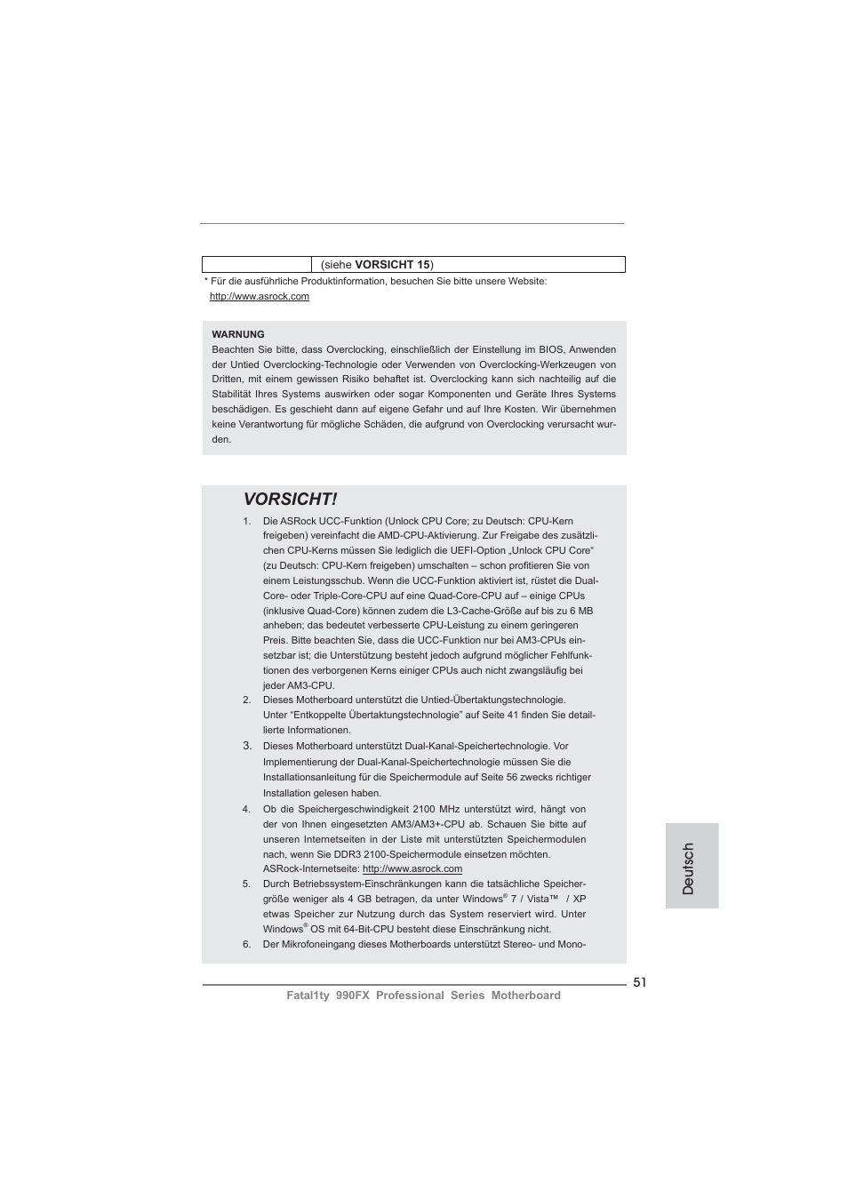 Vorsicht, Deutsch | ASRock Fatal1ty 990FX Professional User Manual | Page 51 / 287