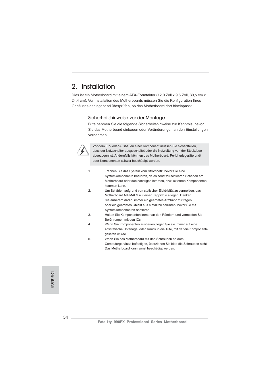 Installation, Sicherheitshinweise vor der montage, Deutsch | ASRock Fatal1ty 990FX Professional User Manual | Page 54 / 287
