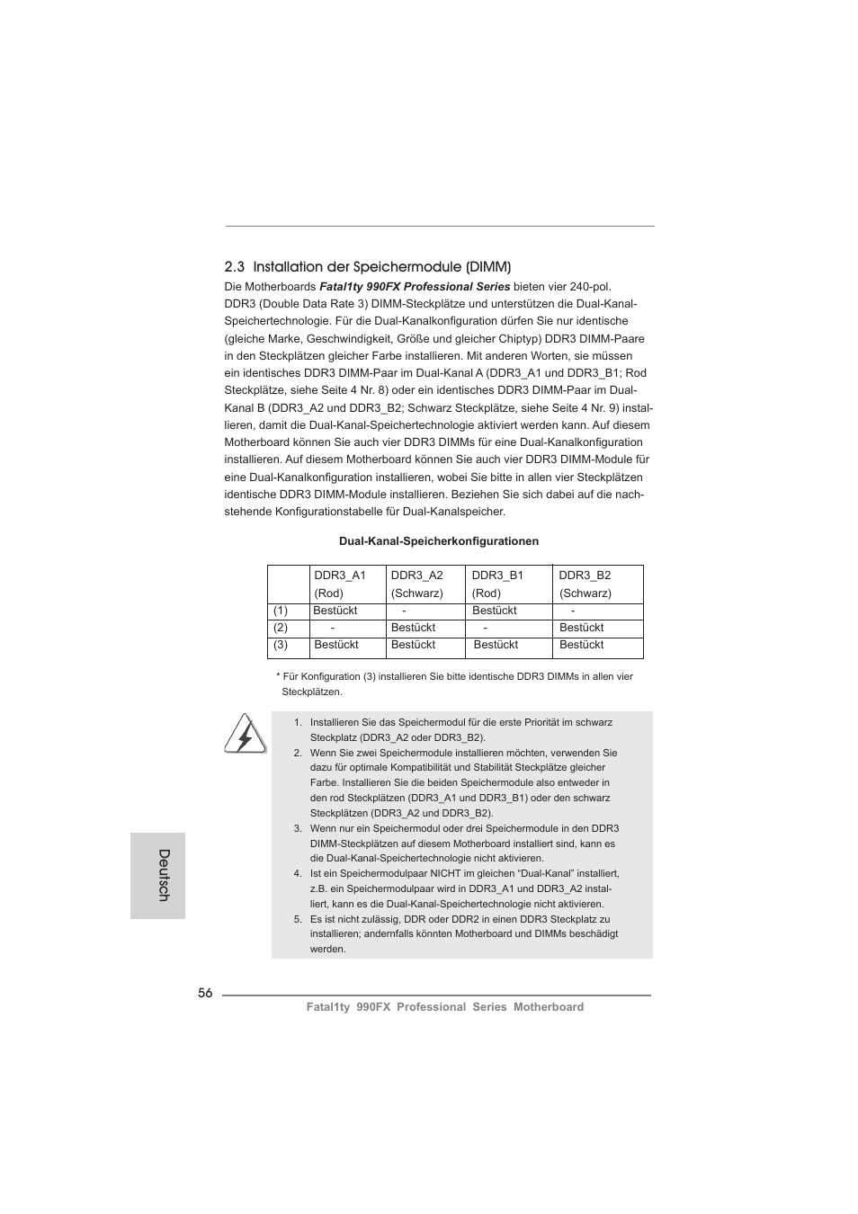 3 installation der speichermodule (dimm), Deutsch | ASRock Fatal1ty 990FX Professional User Manual | Page 56 / 287