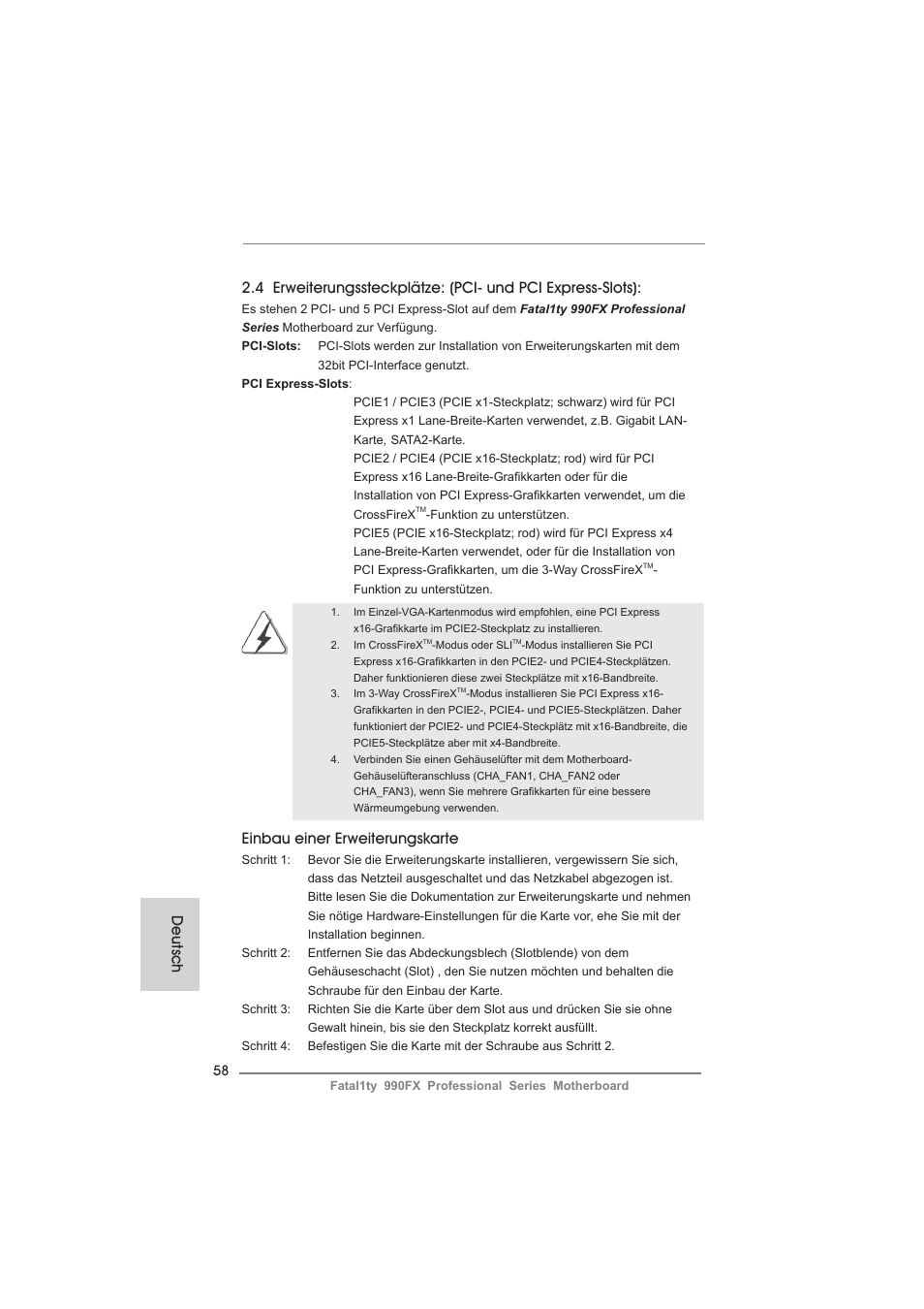 Einbau einer erweiterungskarte, Deutsch | ASRock Fatal1ty 990FX Professional User Manual | Page 58 / 287
