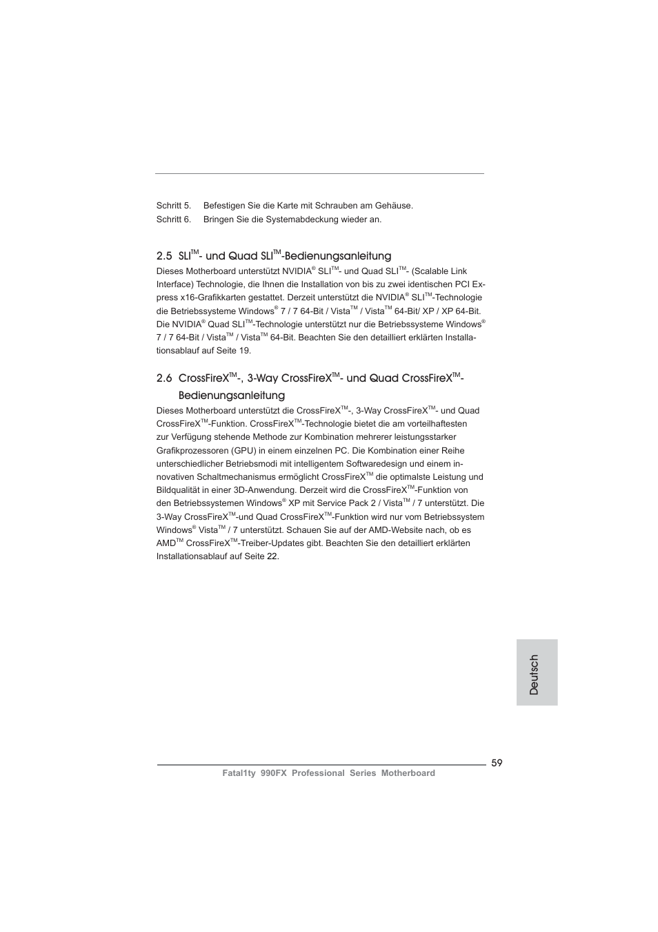 5 sli, Und quad sli, Bedienungsanleitung | 6 crossfirex, Way crossfirex, Und quad crossfirex, Deutsch | ASRock Fatal1ty 990FX Professional User Manual | Page 59 / 287