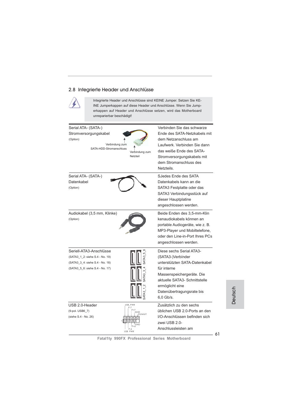 Deutsch 2.8 integrierte header und anschlüsse | ASRock Fatal1ty 990FX Professional User Manual | Page 61 / 287