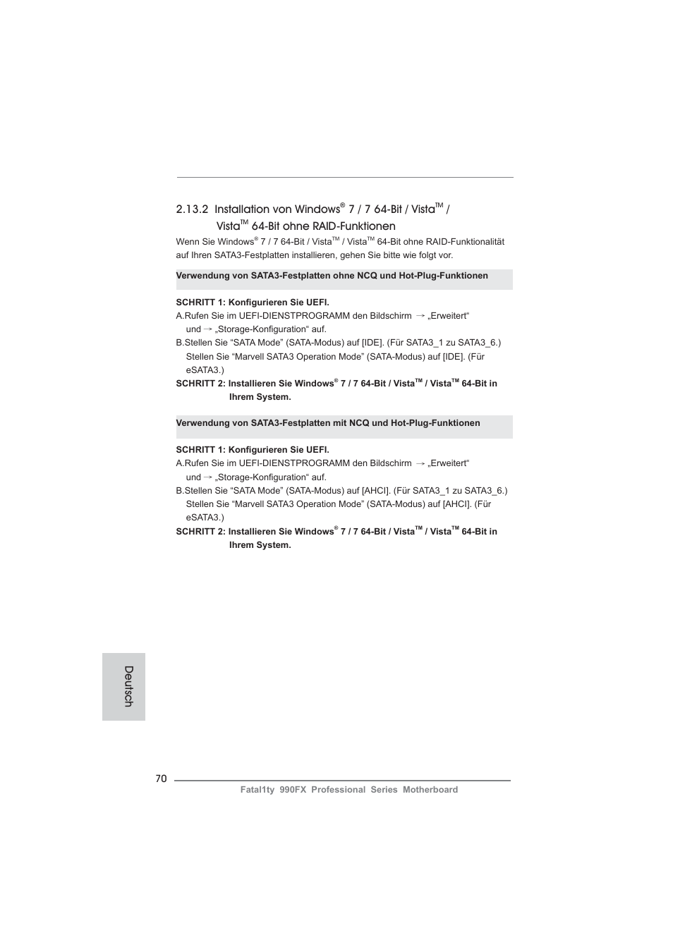 2 installation von windows, 7 / 7 64-bit / vista, Vista | Bit ohne raid-funktionen, Deutsch | ASRock Fatal1ty 990FX Professional User Manual | Page 70 / 287