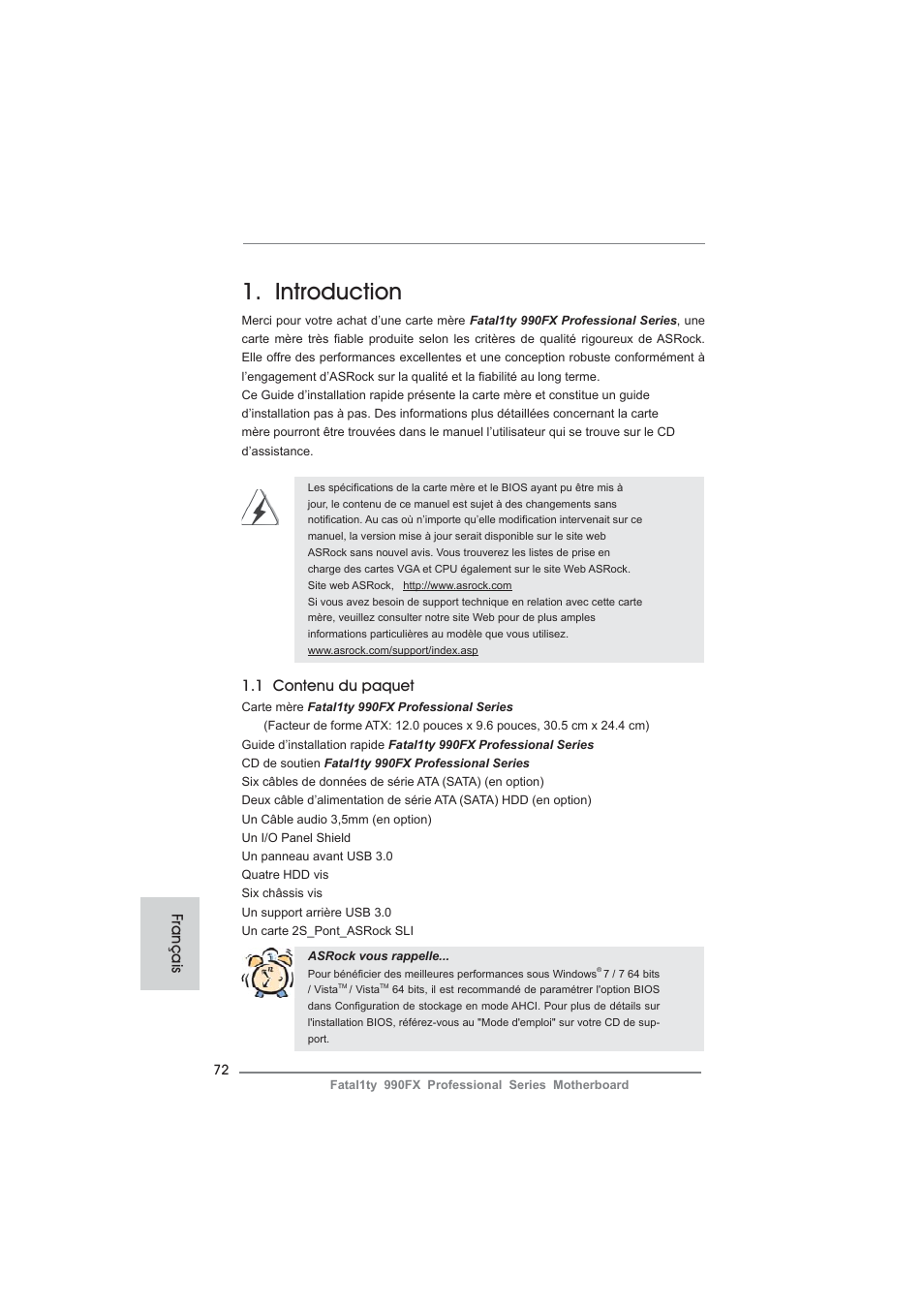 French, Introduction, 1 contenu du paquet | Français | ASRock Fatal1ty 990FX Professional User Manual | Page 72 / 287