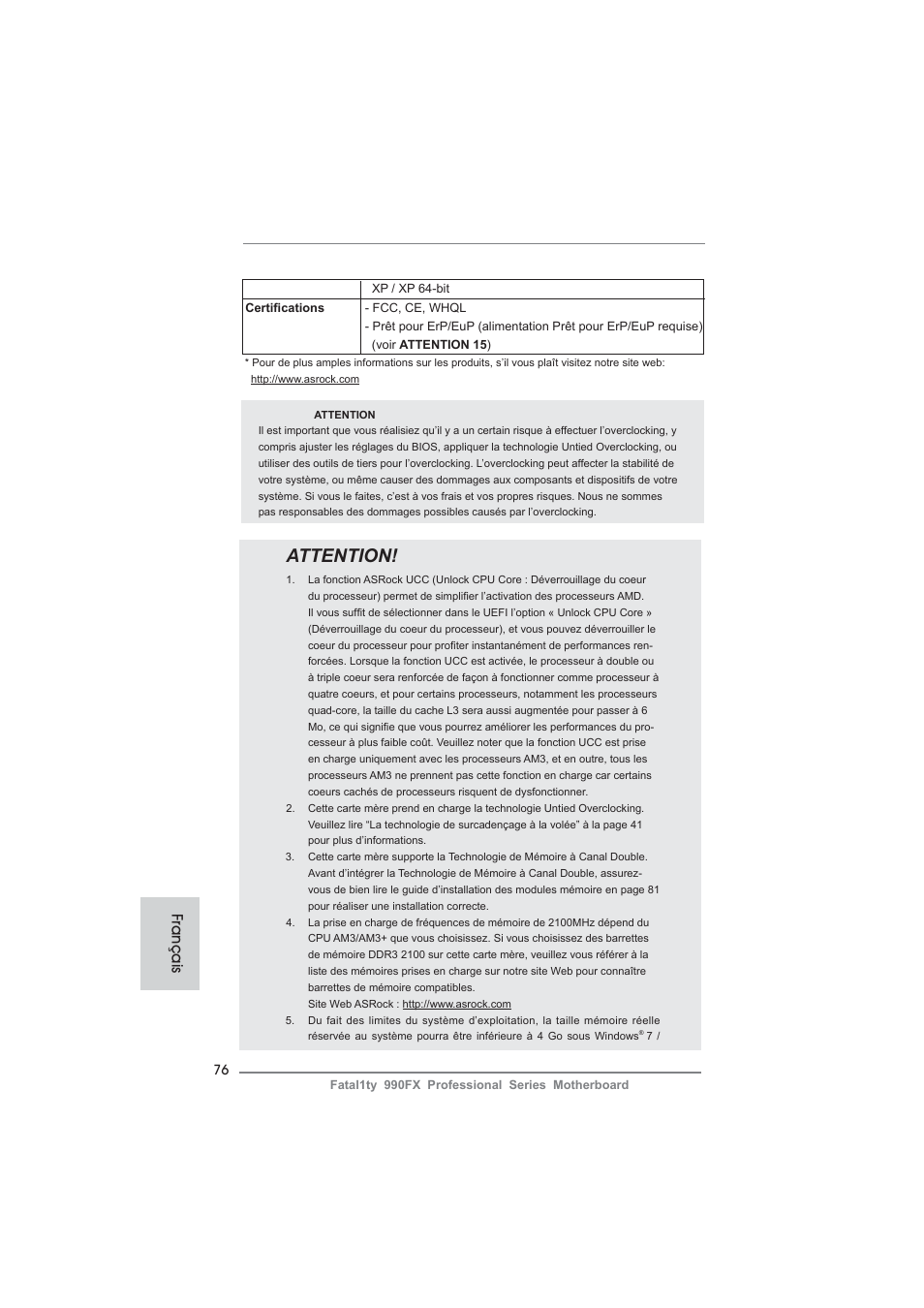 Attention, Français | ASRock Fatal1ty 990FX Professional User Manual | Page 76 / 287