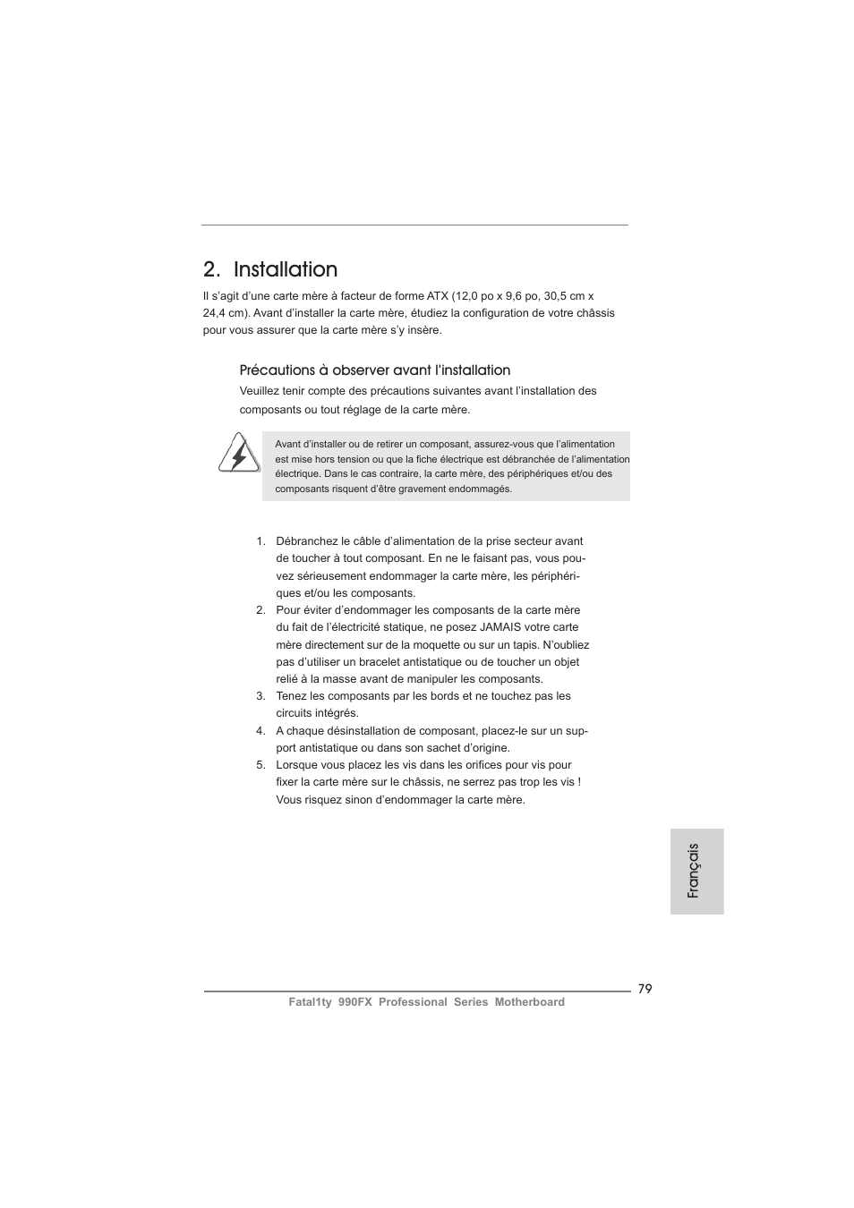 Installation | ASRock Fatal1ty 990FX Professional User Manual | Page 79 / 287