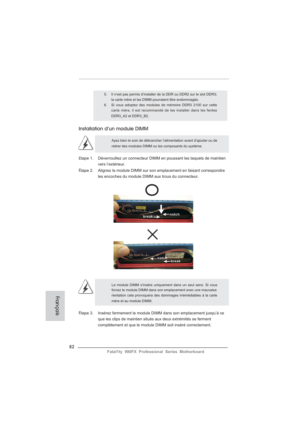 Installation d’un module dimm, Français | ASRock Fatal1ty 990FX Professional User Manual | Page 82 / 287