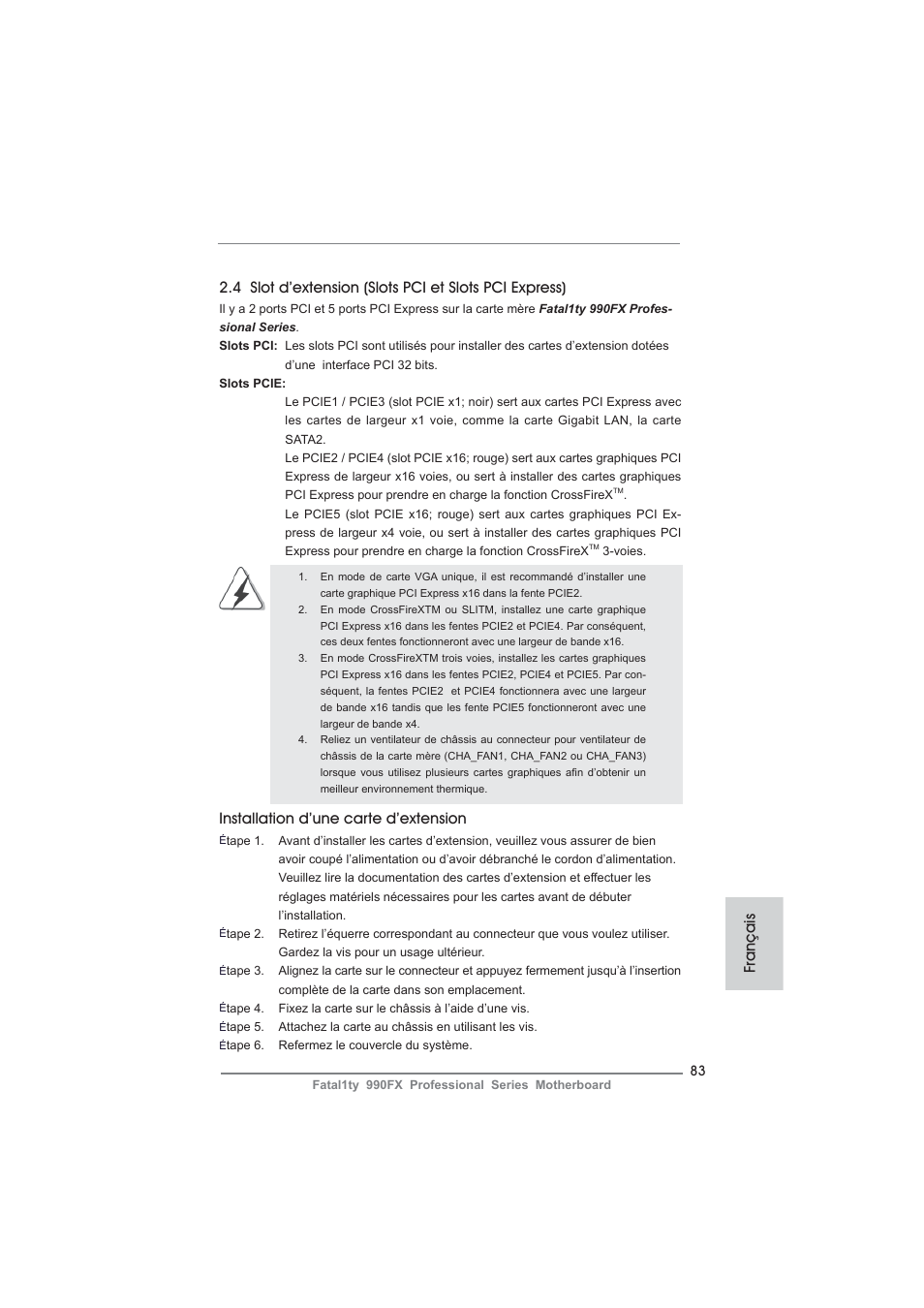Installation d’une carte d’extension, Français | ASRock Fatal1ty 990FX Professional User Manual | Page 83 / 287