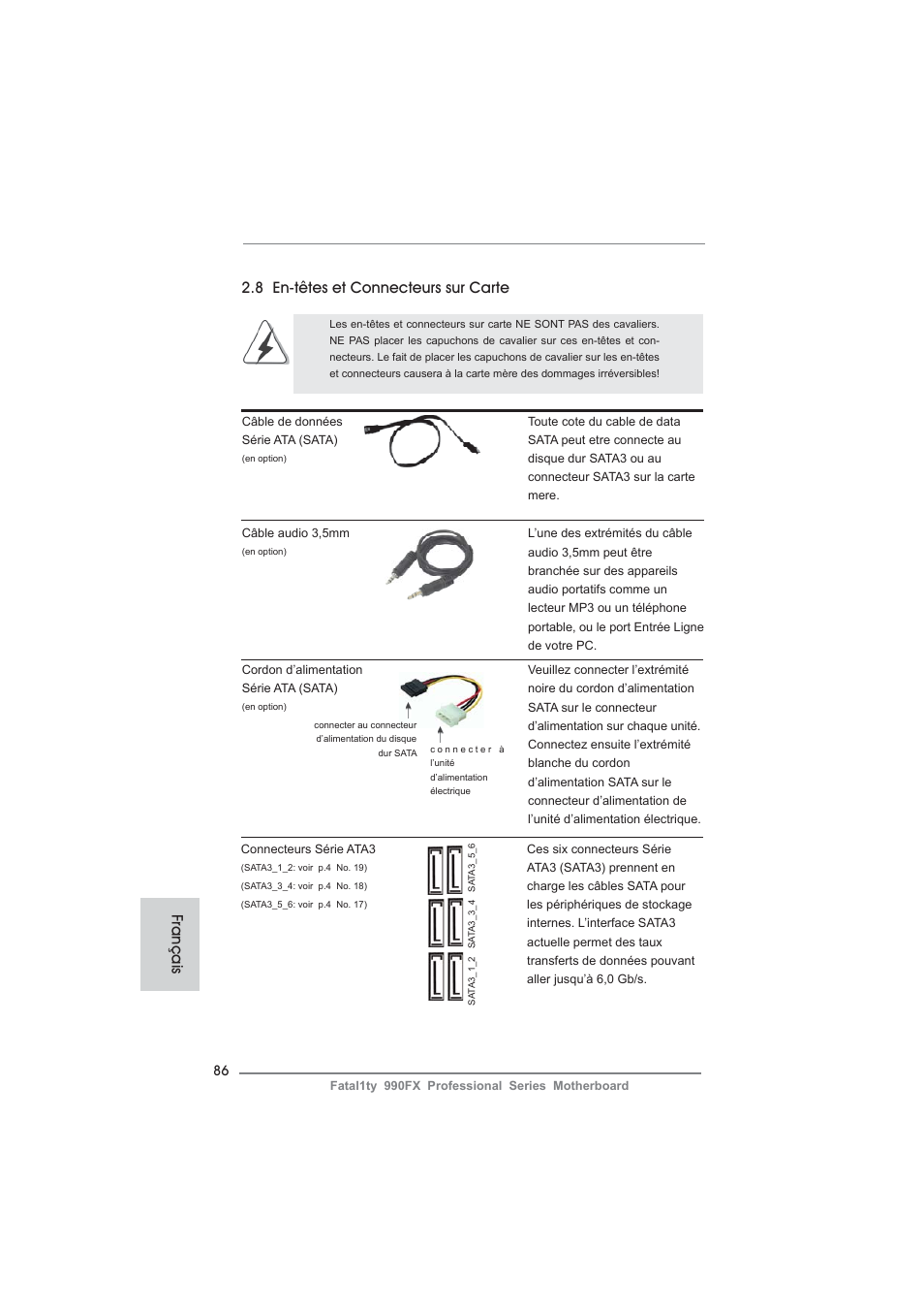 8 en-têtes et connecteurs sur carte, Français | ASRock Fatal1ty 990FX Professional User Manual | Page 86 / 287