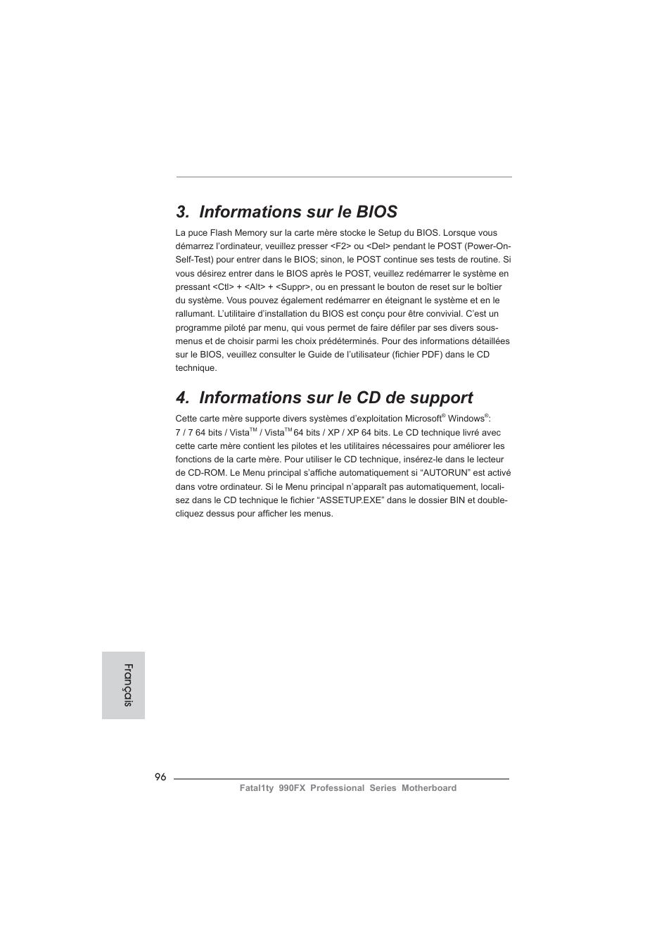 Informations sur le bios, Informations sur le cd de support | ASRock Fatal1ty 990FX Professional User Manual | Page 96 / 287