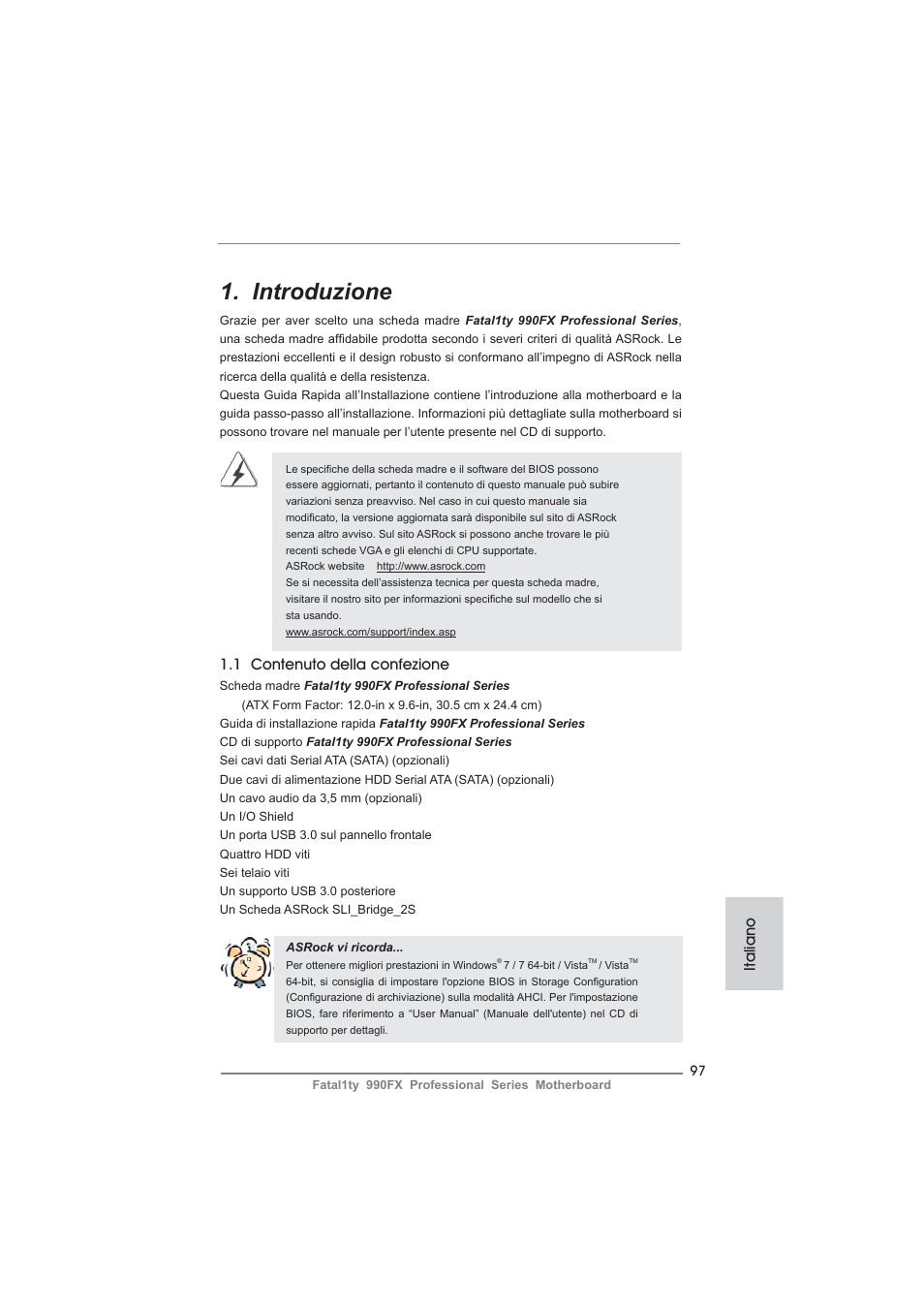 Italian, Introduzione, 1 contenuto della confezione | Italiano | ASRock Fatal1ty 990FX Professional User Manual | Page 97 / 287