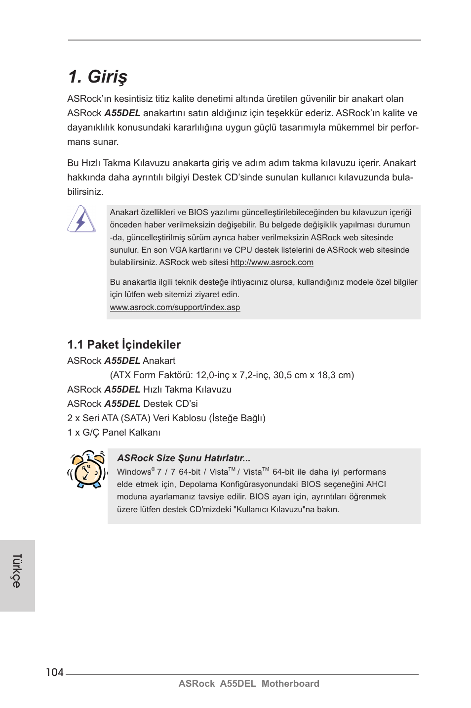 Turkish, Giriş, 1 paket içindekiler | Türkçe | ASRock A55DEL User Manual | Page 104 / 181