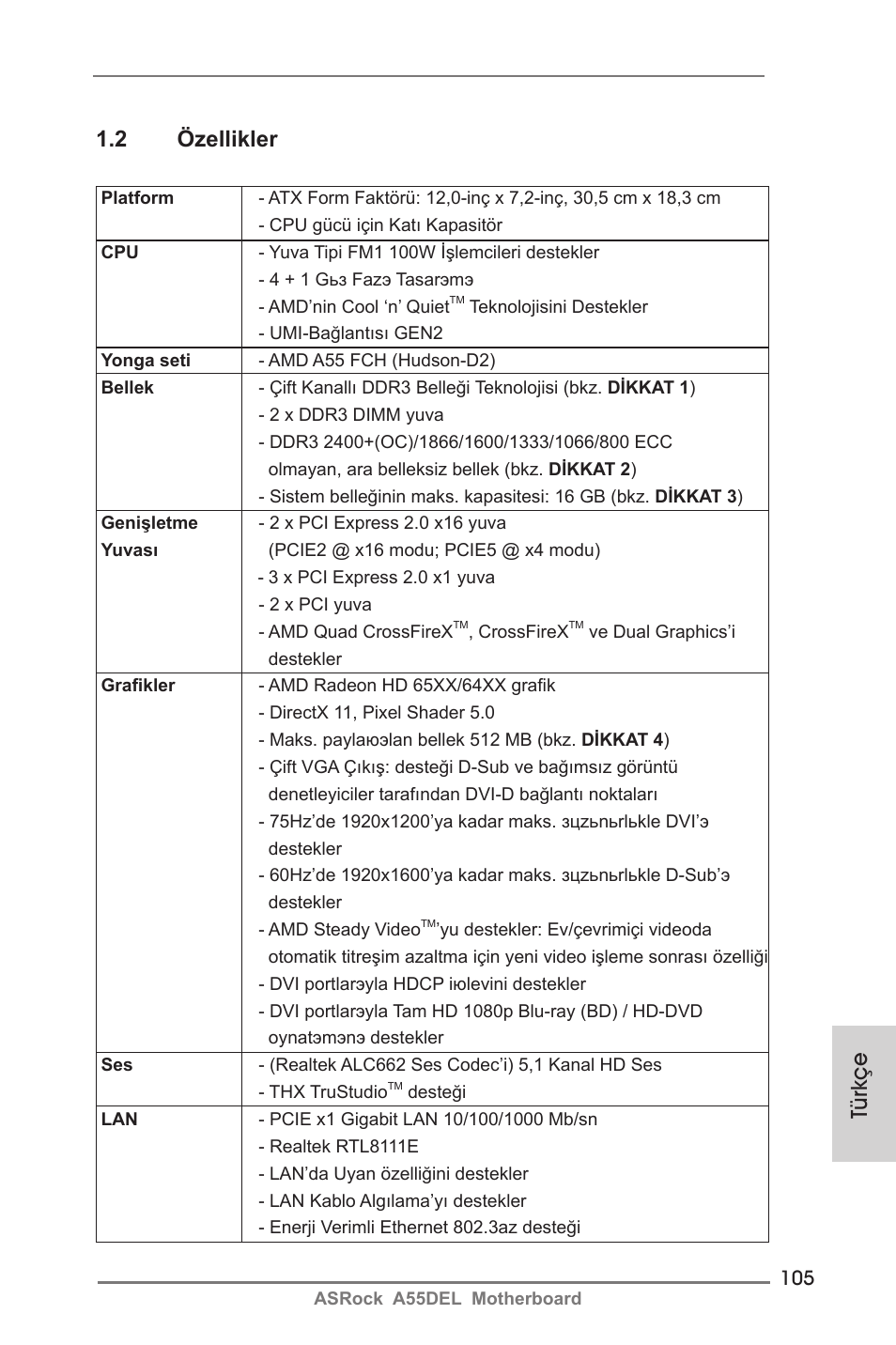 Türkçe 1.2 özellikler | ASRock A55DEL User Manual | Page 105 / 181