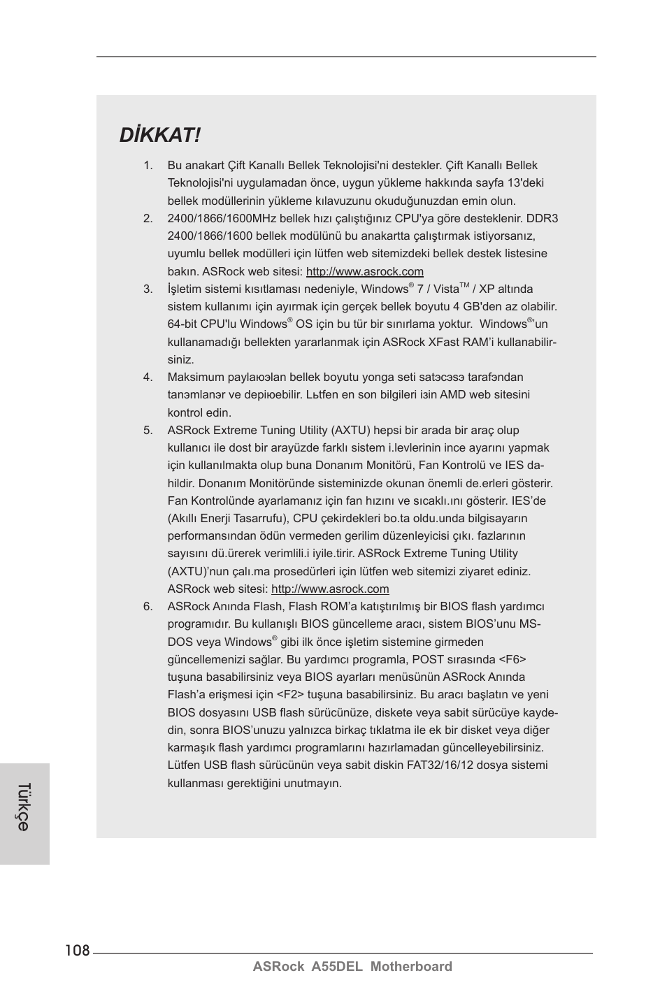 Dikkat, Türkçe | ASRock A55DEL User Manual | Page 108 / 181