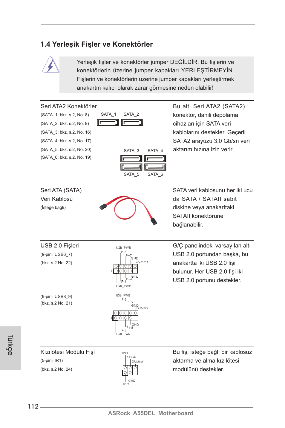 Türkçe, 4 yerleşik fişler ve konektörler | ASRock A55DEL User Manual | Page 112 / 181