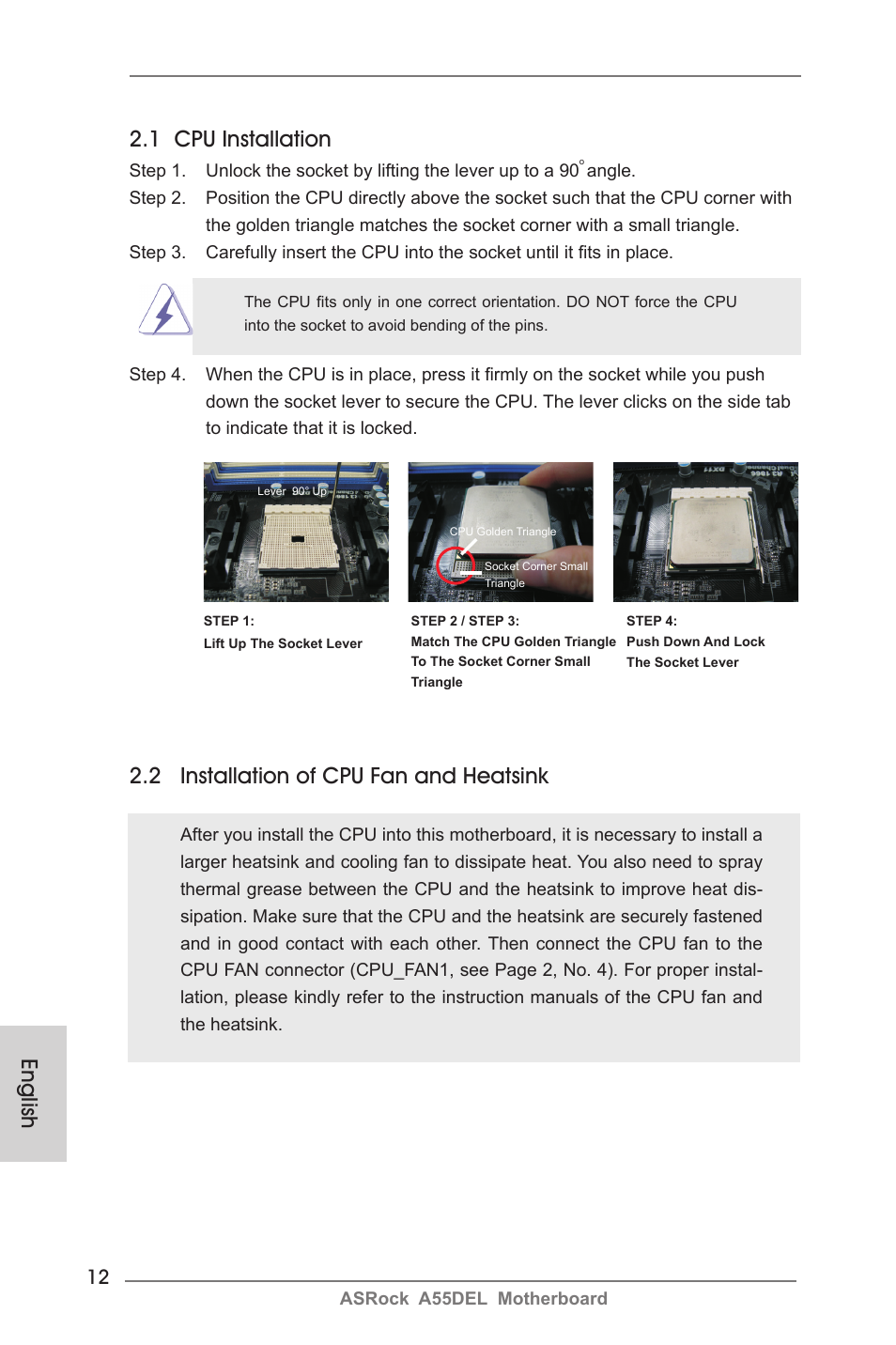 English 2.1 cpu installation, 2 installation of cpu fan and heatsink | ASRock A55DEL User Manual | Page 12 / 181