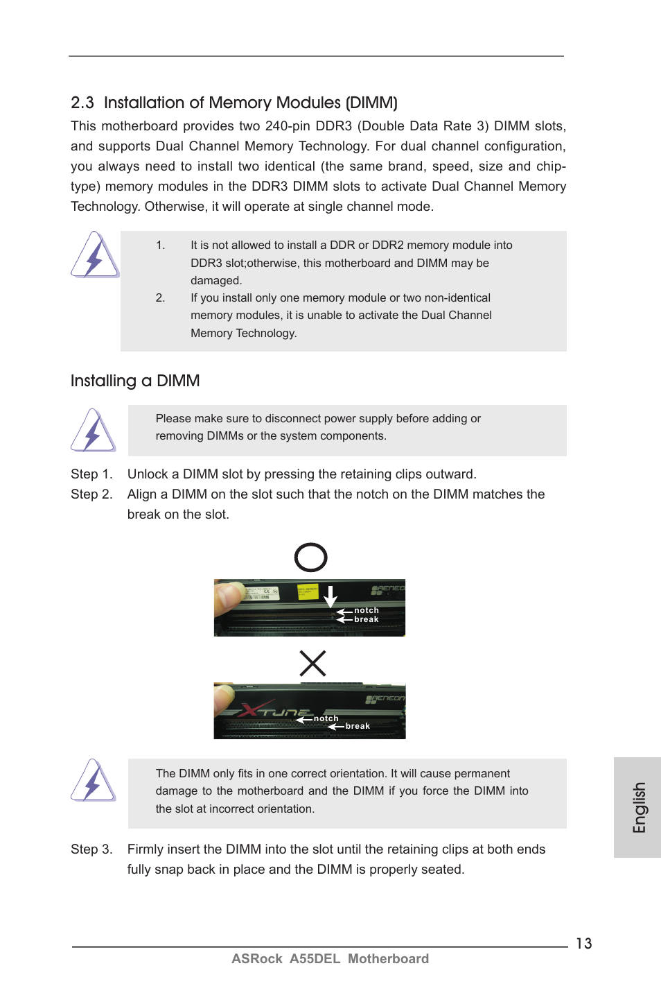 Installing a dimm | ASRock A55DEL User Manual | Page 13 / 181