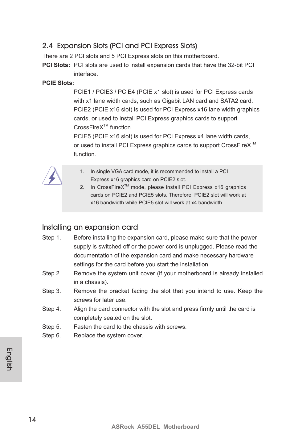 Installing an expansion card | ASRock A55DEL User Manual | Page 14 / 181