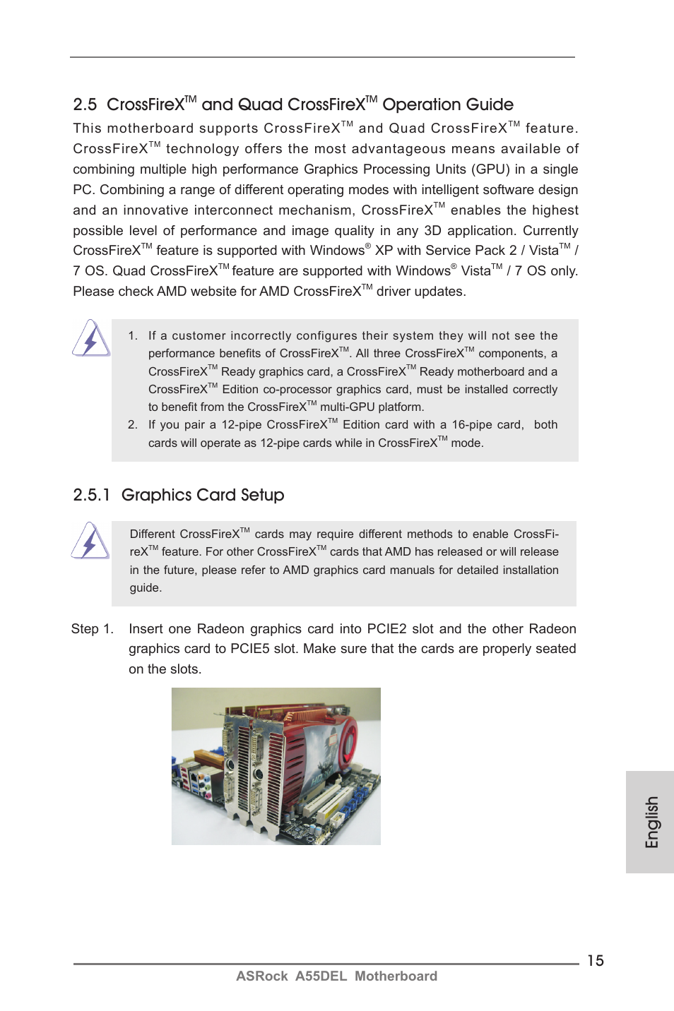 English 2.5 crossfirex, And quad crossfirex, Operation guide | 1 graphics card setup | ASRock A55DEL User Manual | Page 15 / 181