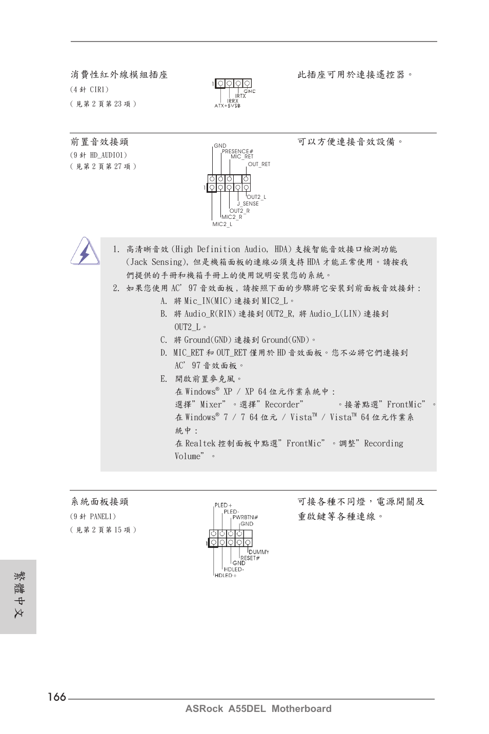繁體中文, Asrock a55del motherboard 消費性紅外線模組插座 此插座可用於連接遙控器, 系統面板接頭 可接各種不同燈，電源開關及 | 重啟鍵等各種連線, 前置音效接頭 可以方便連接音效設備 | ASRock A55DEL User Manual | Page 166 / 181
