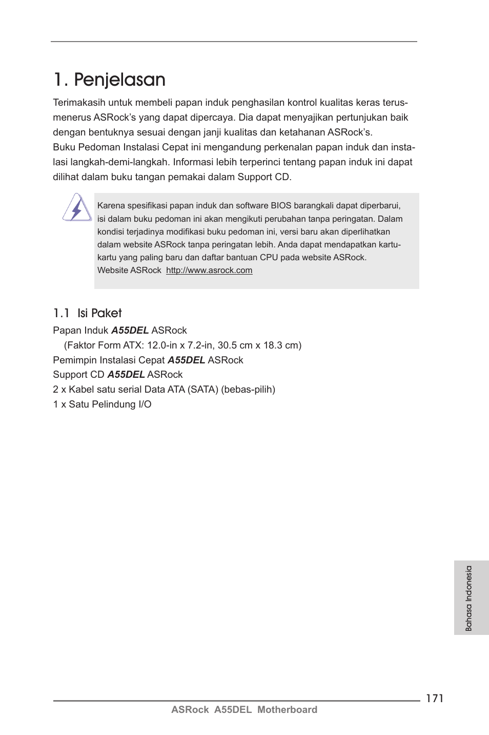 Indonesian, Penjelasan, 1 isi paket | ASRock A55DEL User Manual | Page 171 / 181