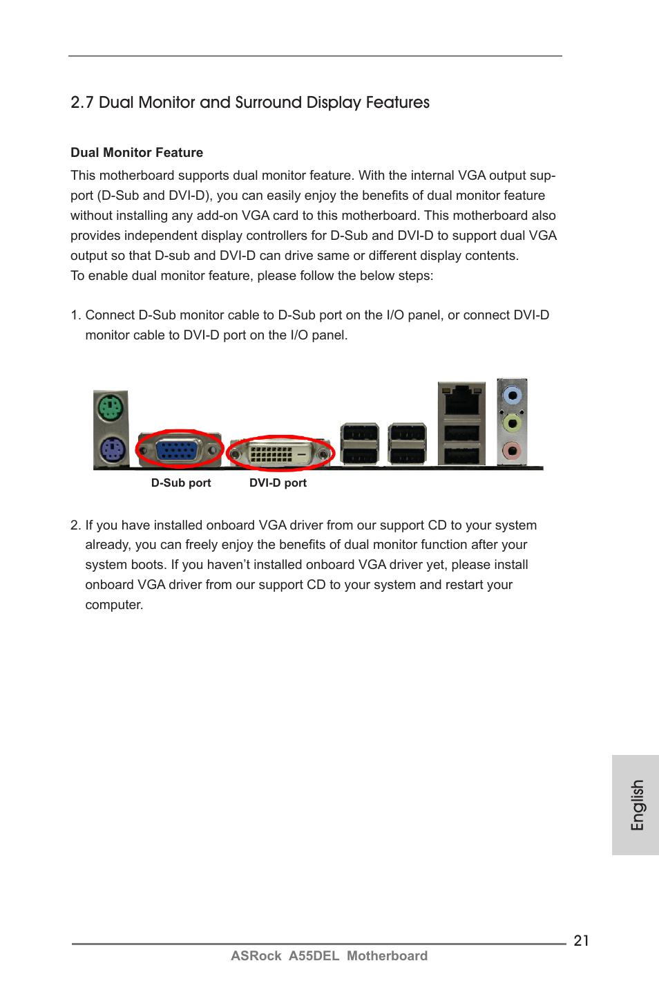 English, 7 dual monitor and surround display features | ASRock A55DEL User Manual | Page 21 / 181