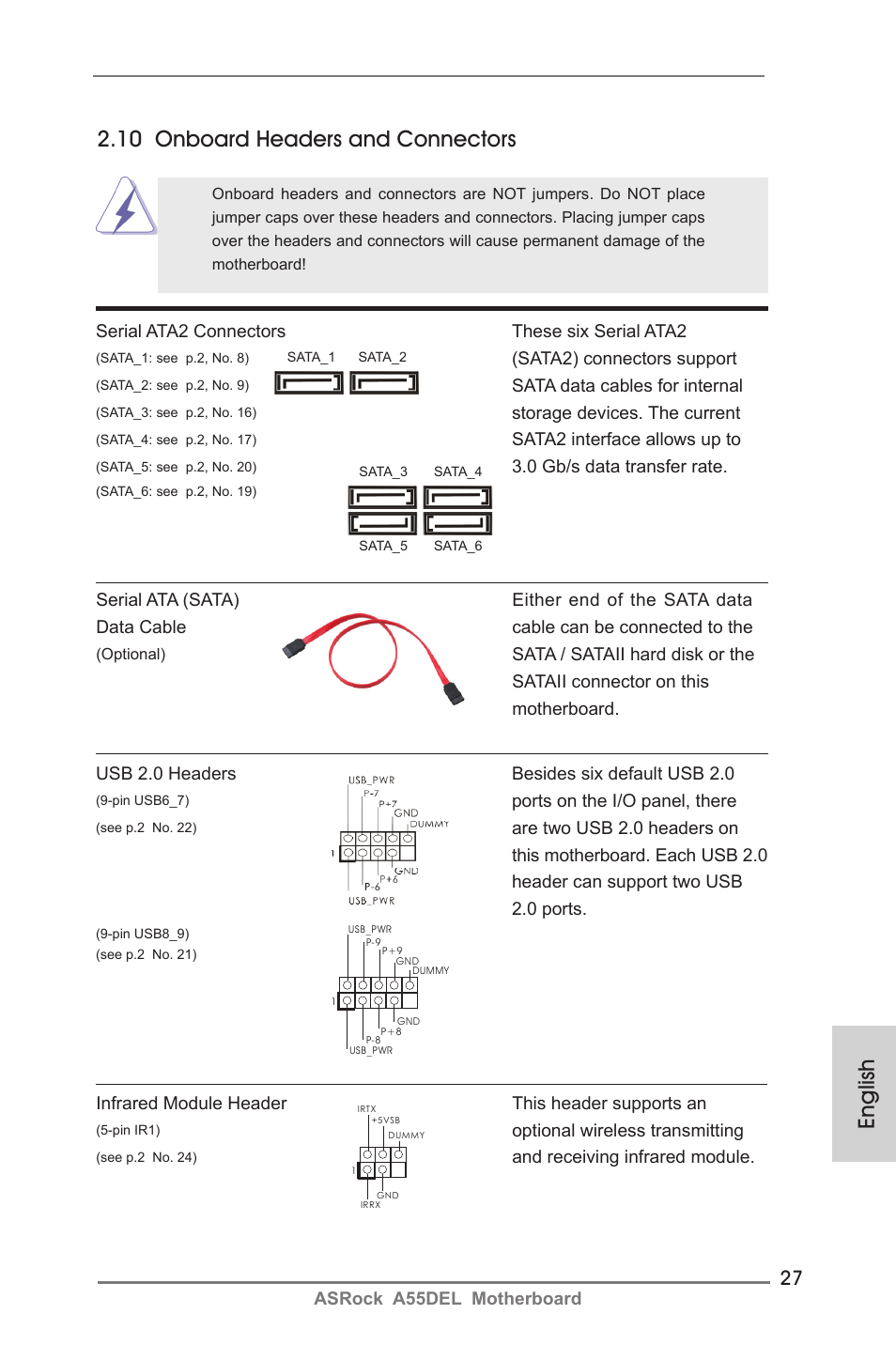 10 onboard headers and connectors, English | ASRock A55DEL User Manual | Page 27 / 181
