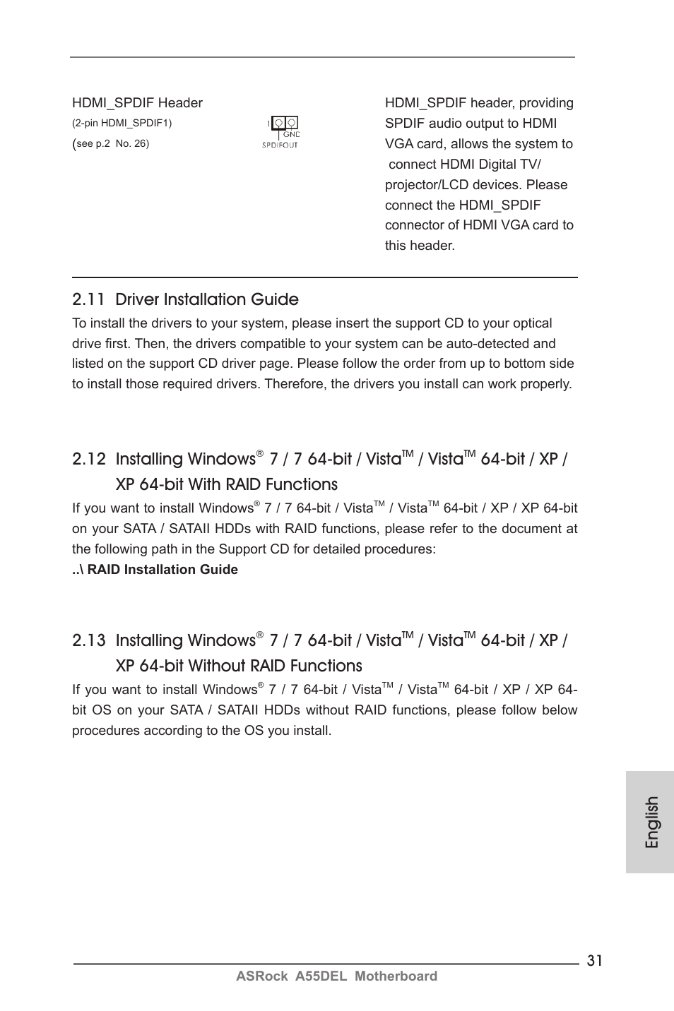 English, 11 driver installation guide, 12 installing windows | 7 / 7 64-bit / vista, Vista, Bit / xp / xp 64-bit with raid functions, 13 installing windows, Bit / xp / xp 64-bit without raid functions | ASRock A55DEL User Manual | Page 31 / 181